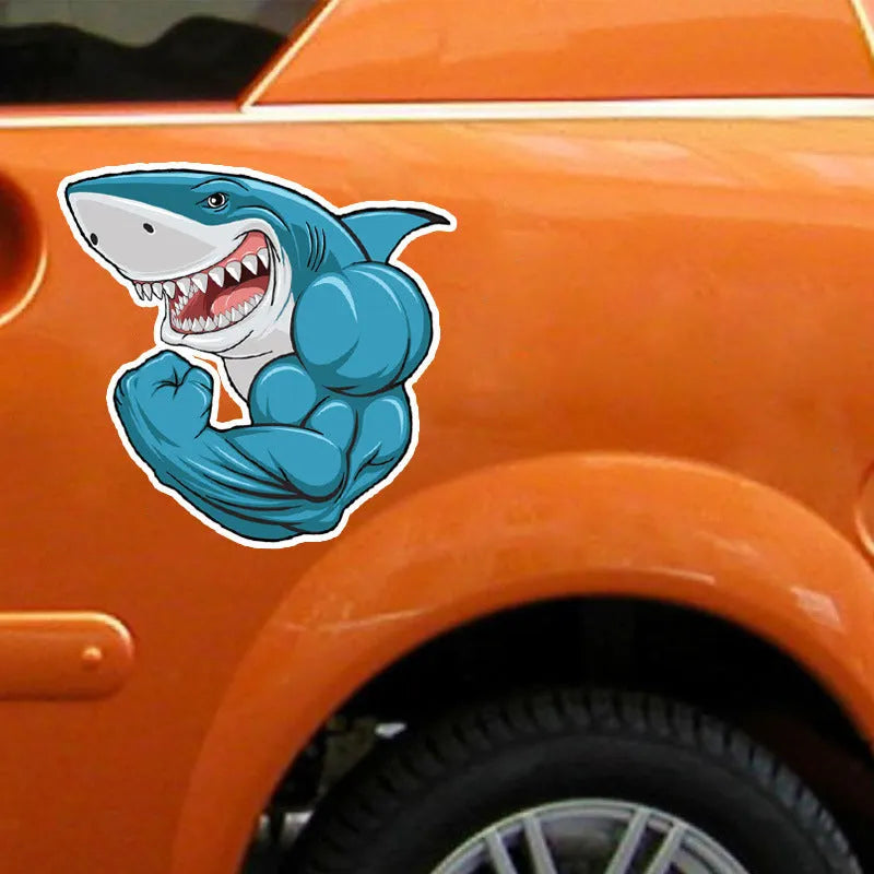 Bodybuilding shark 3D cartoon PVC car sticker, 15x14cm, reflective or non-reflective, single pack