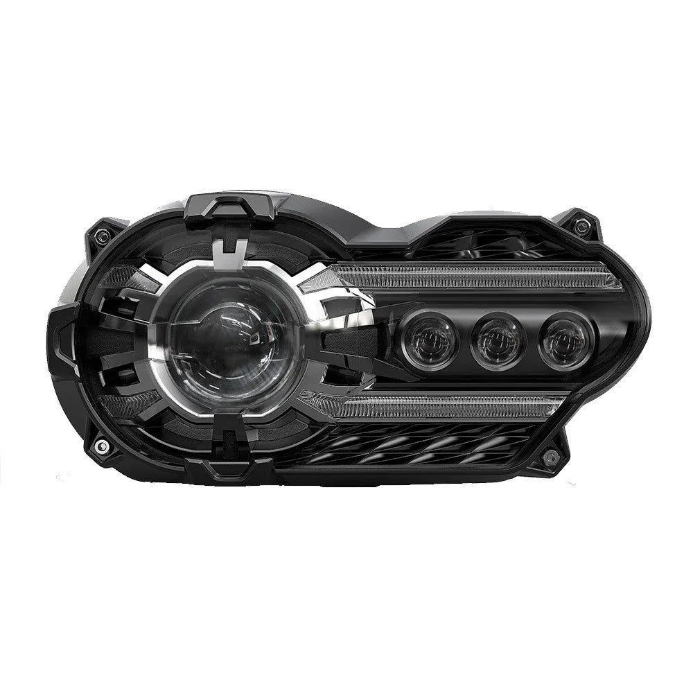 Black 7-inch round LED motorcycle headlight with a polycarbonate lens shown from the front.