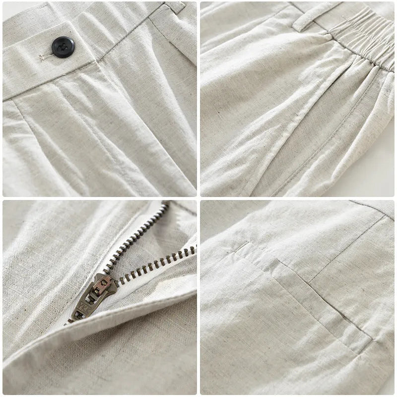 Man wearing loose straight-leg casual trousers in a cotton linen blend, showcasing the retro Japanese style.