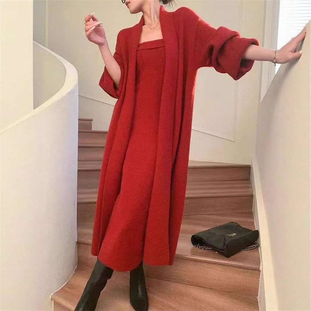 Women's grey knitted long dress and cardigan coat suit set with textured flocking detailing on the fabric