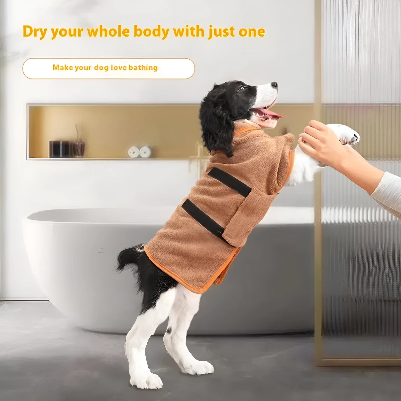 Gray nylon dog robe towel for drying pets after bathing, shown with orange edge trim