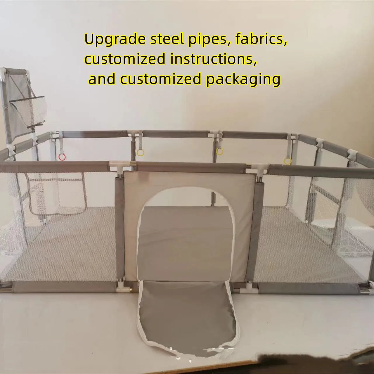 Large blue children's playpen tent with stainless steel frame and Oxford cloth walls set up indoors.