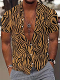 Men's slim fit geometric print lapel shirt in polyester for summer.