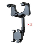 Black rearview mirror car phone holder with rotating head and telescopic arm extended.