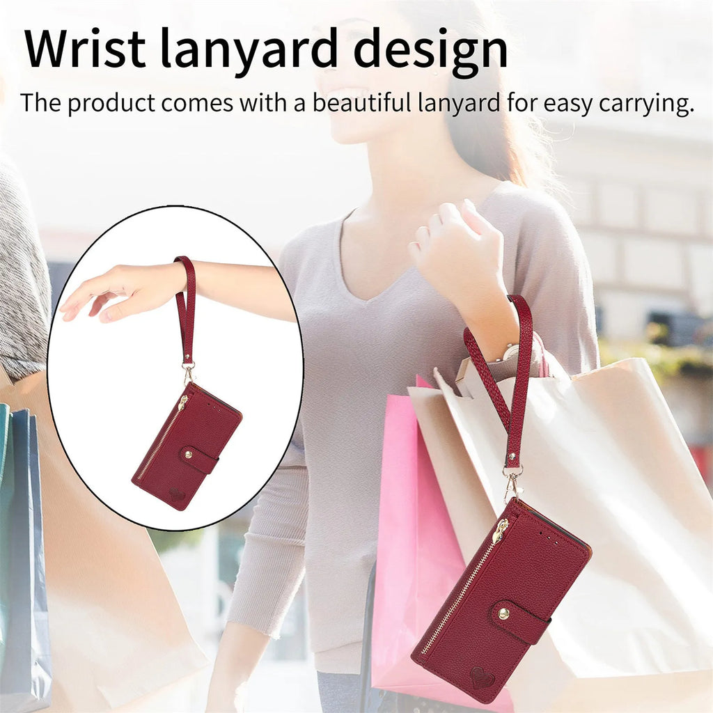 PU leather litchi pattern RFID swiping lanyard phone case for Apple iPhone with built-in bracket in pink