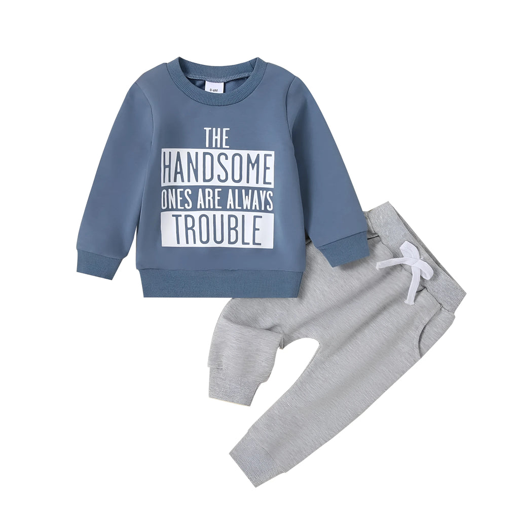 Baby knitted cotton casual suit with letter print top and trousers in navy blue