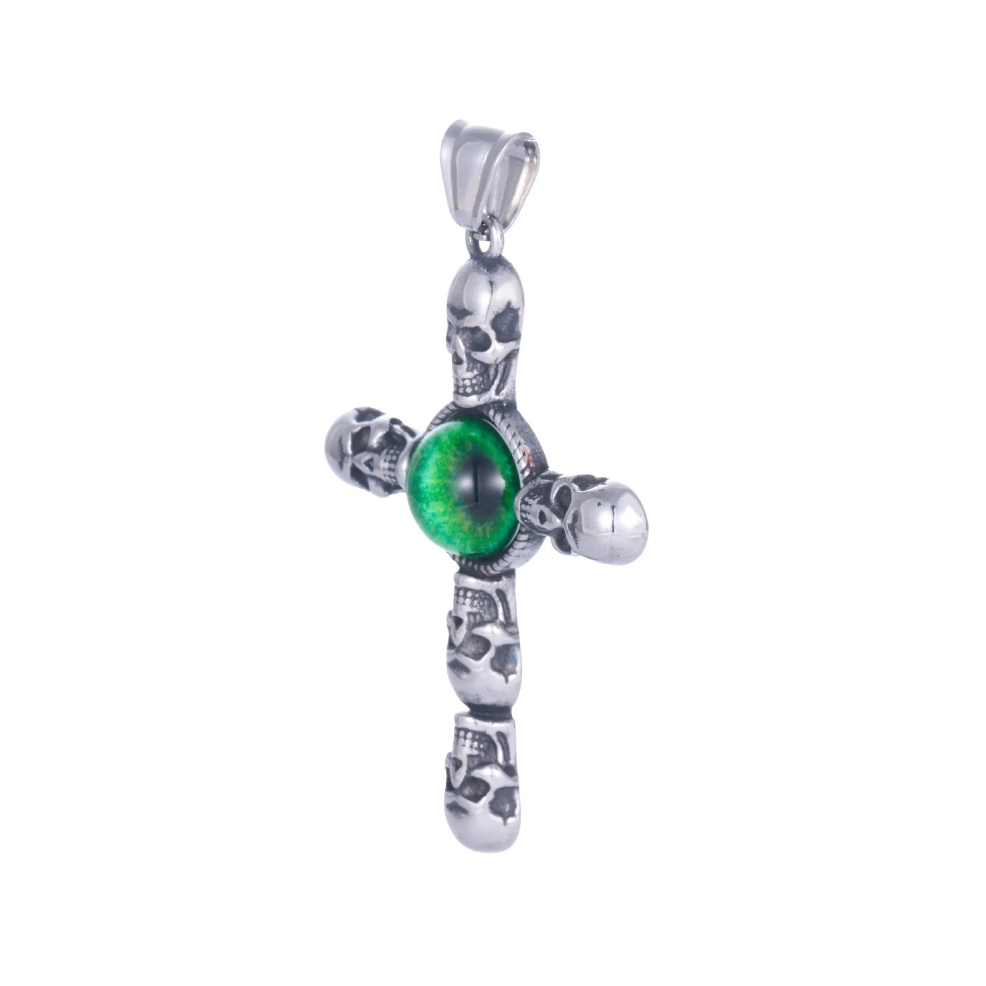 Stainless steel cross skull pendant with green eye detail in U-shaped geometric form on a chain