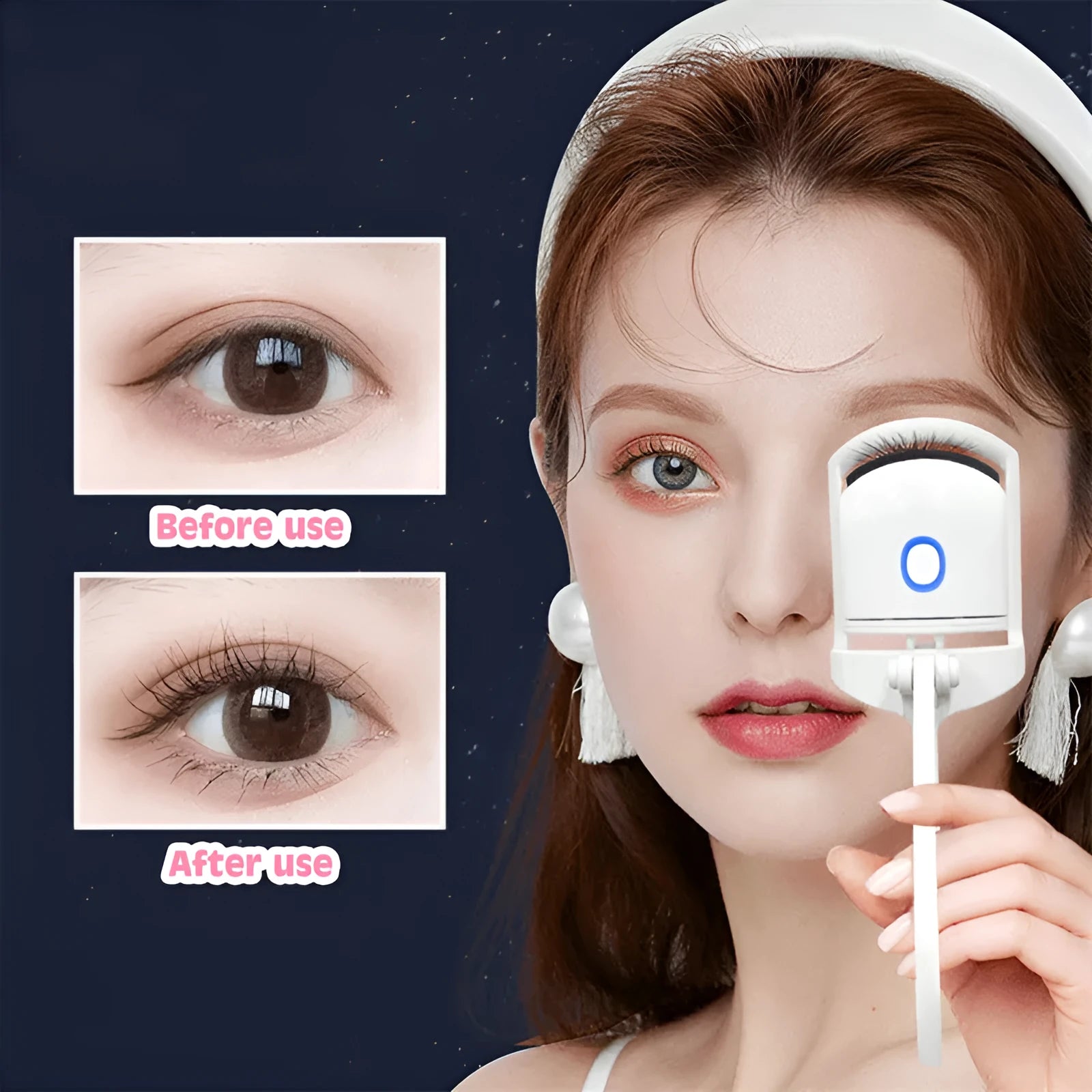 White and pink USB rechargeable heated eyelash curler with curved silicone pad.