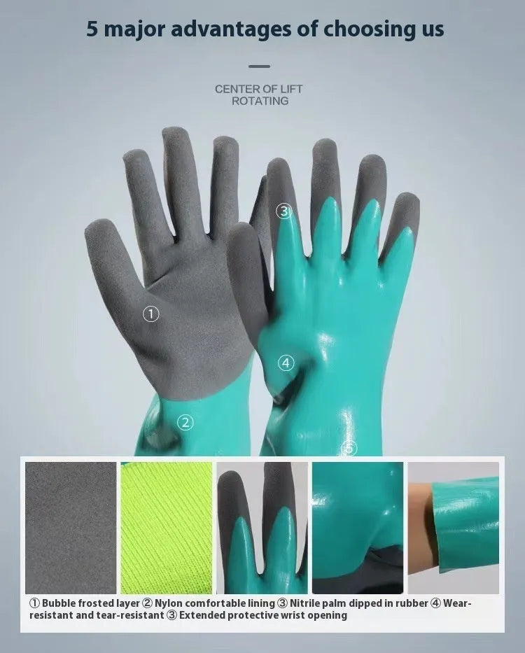 Women's navy blue nitrile waterproof fishing gloves shown in short and lengthened sizes.