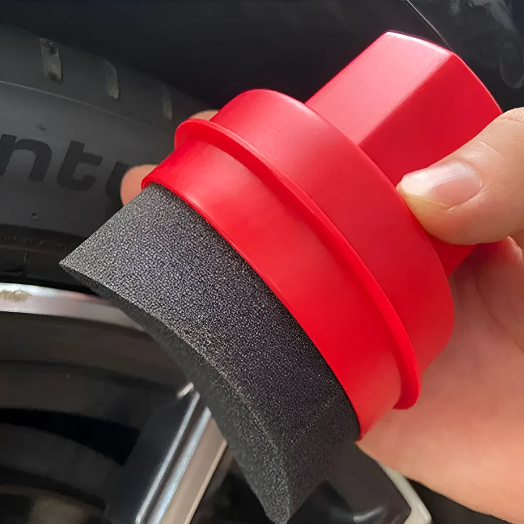 Black car tyre polishing sponge brush with snap-on lid, showing high-density foam head and polypropylene handle.