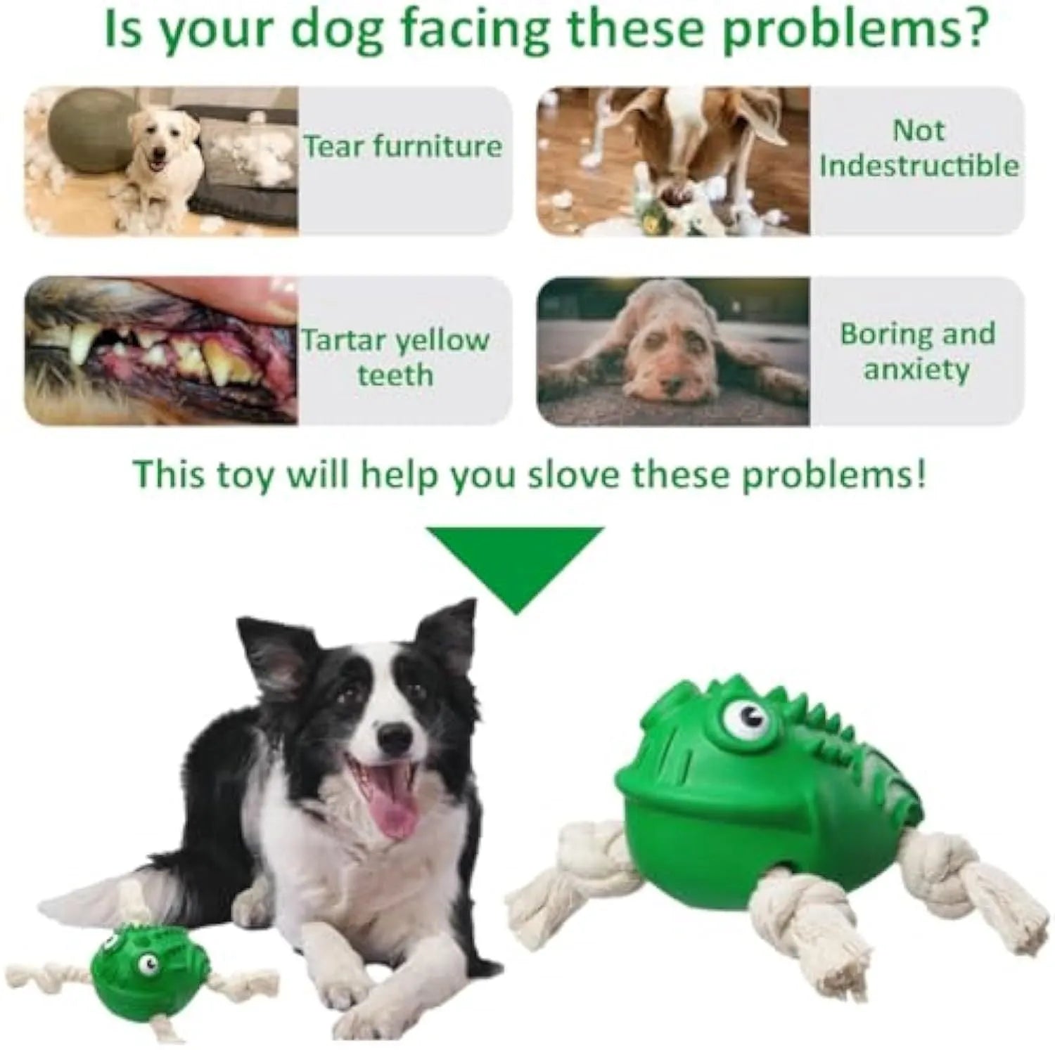 Green rubber cotton rope toad dog toy for aggressive chewers with squeaker and teeth-cleaning texture