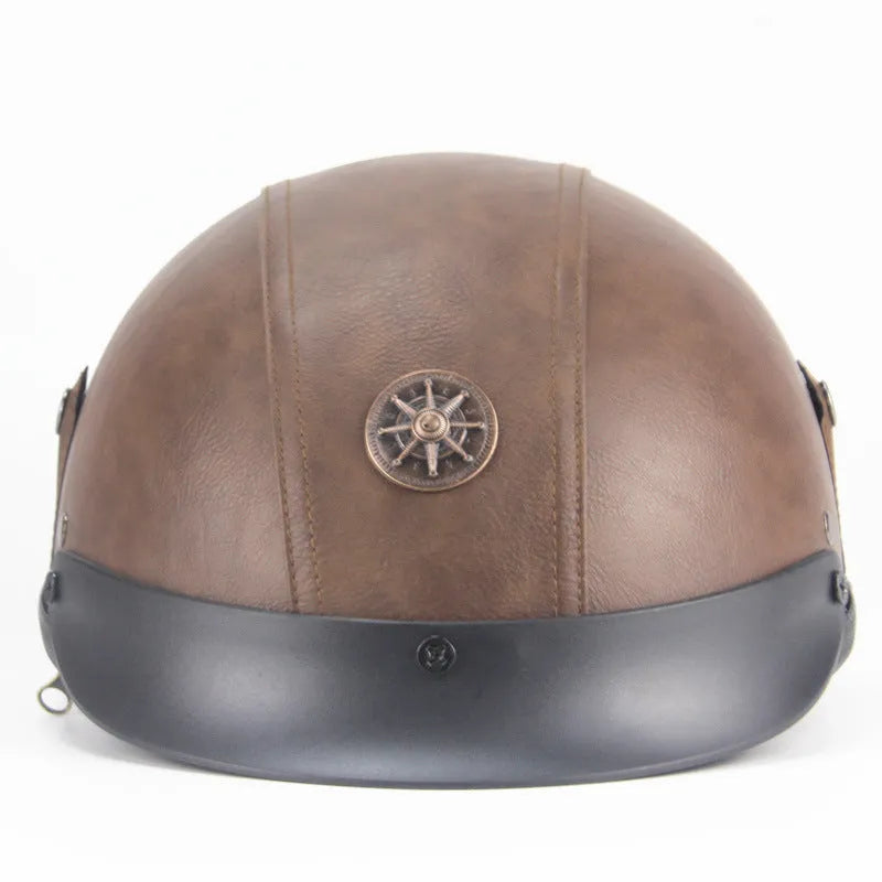 Retro motorcycle helmet with half pedal design in black artificial leather