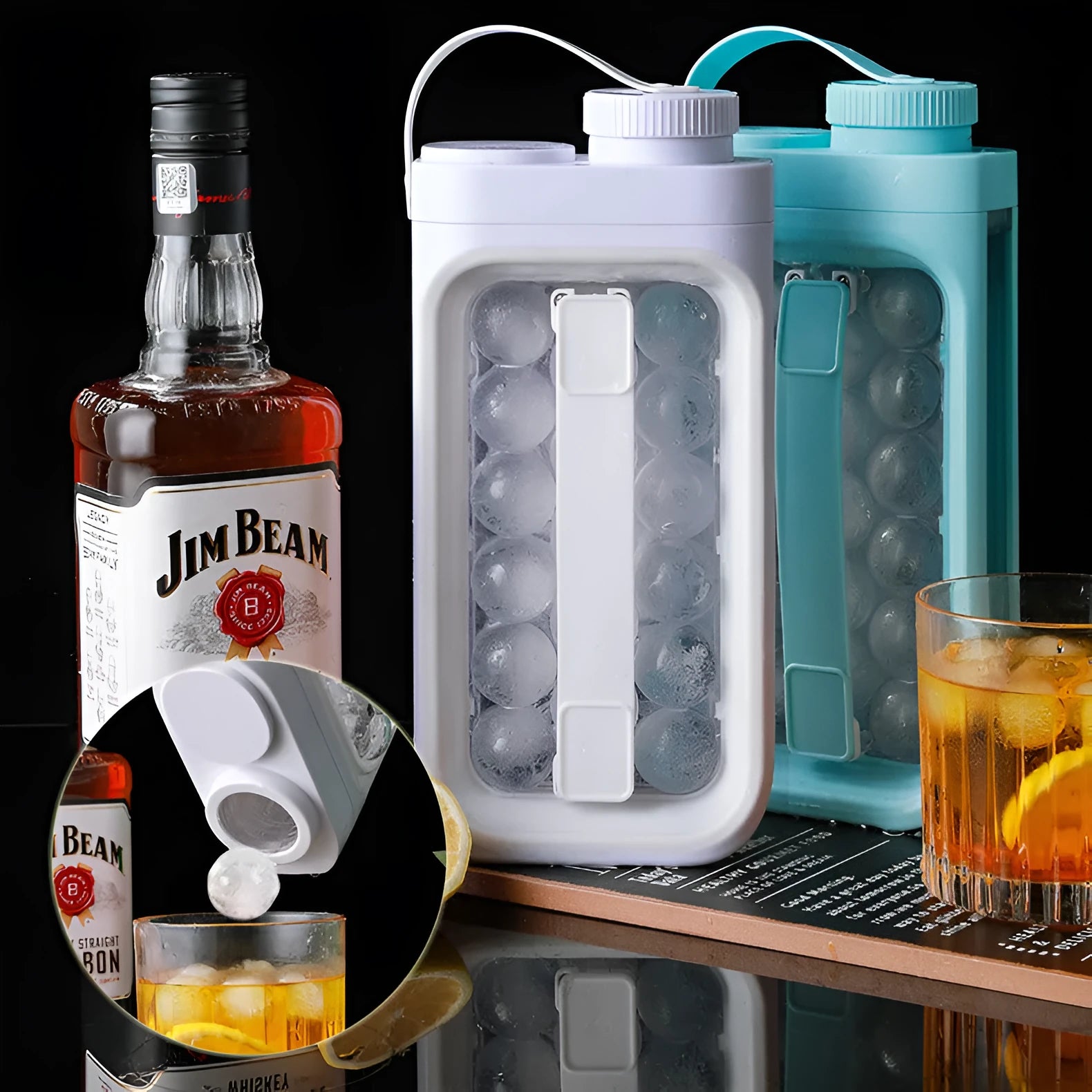Light blue portable ice ball kettle showing 17 spherical compartments and lid