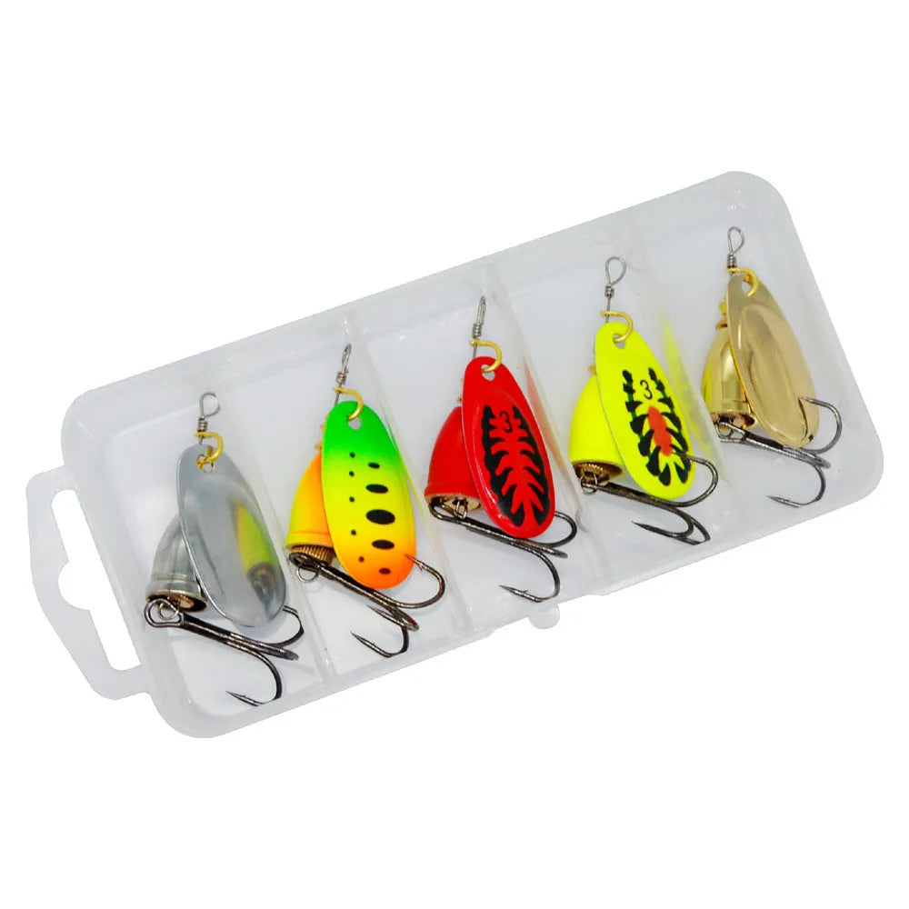 R composite rotating sequin copper bell metal fishing lure in seven metallic colour options.