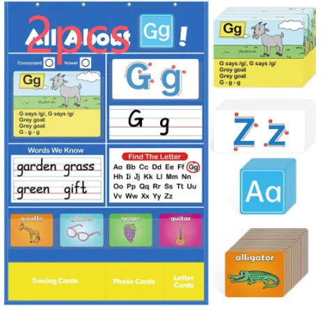 Alphabet learning sleeve table chart with letter cards and word cards displayed.