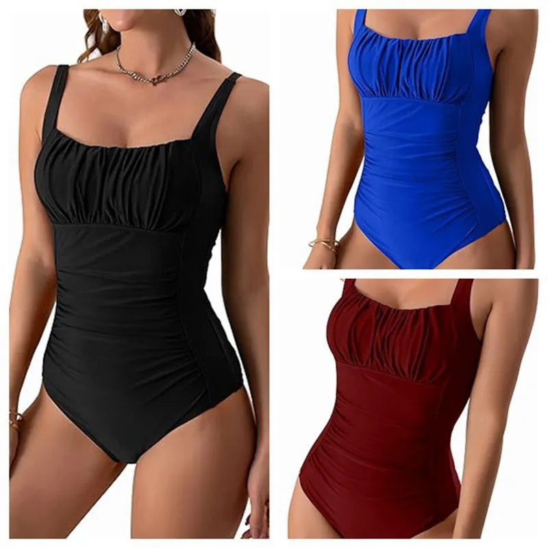 One-piece swimsuit with square neck and pleated design in solid colour, polyester spandex, available in nine colours
