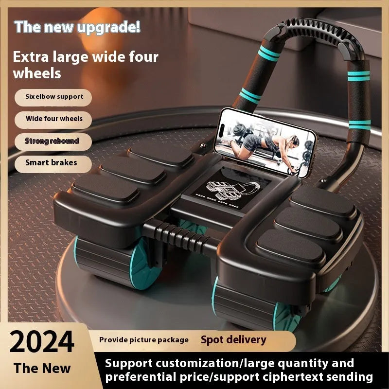 Orange four-wheel abdominal exercise roller with automatic rebound and six visible elbow supports.