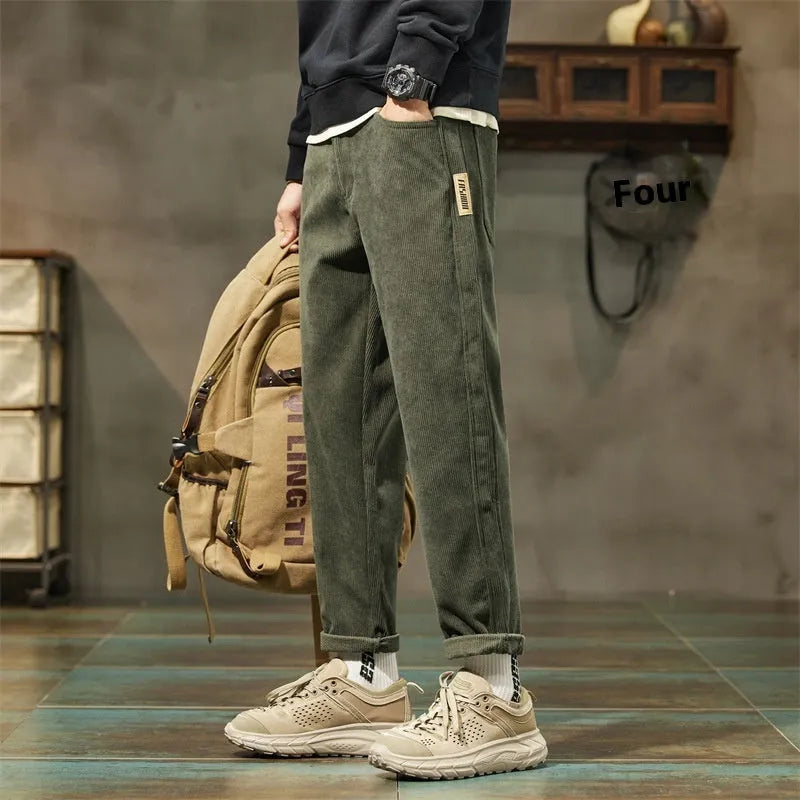 Men's tapered corduroy trousers in straight-leg cut available in multiple colours including Army Green and Black Plus Velvet Style