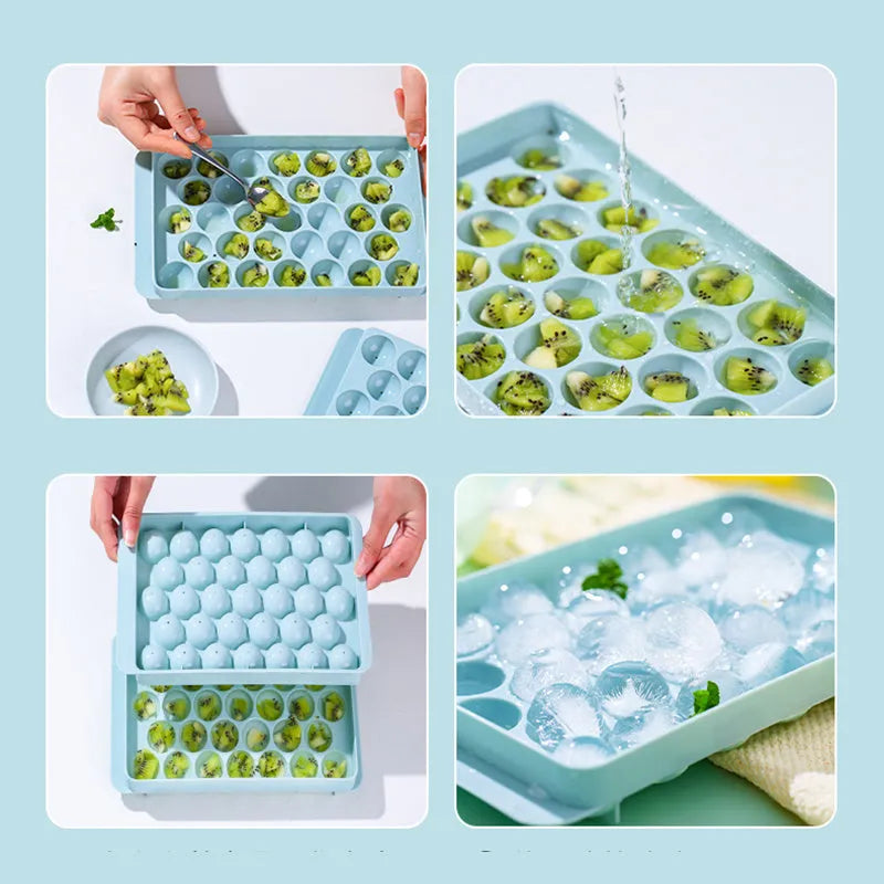 Sky blue 3D round ice mould tray with easy-release design showing spherical ice ball compartments