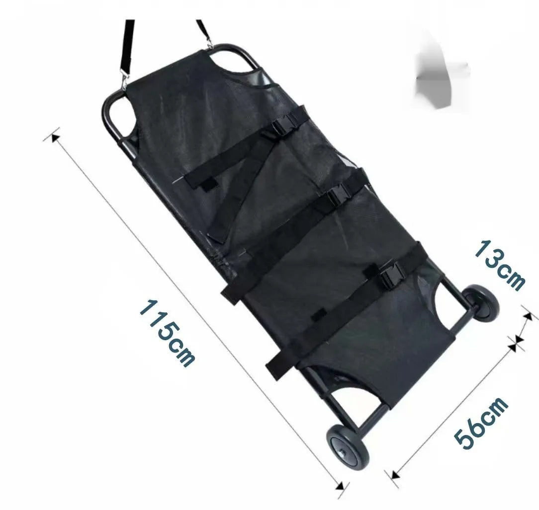 Large black folding aluminium alloy pet stretcher for dogs, shown in a folded and unfolded state.