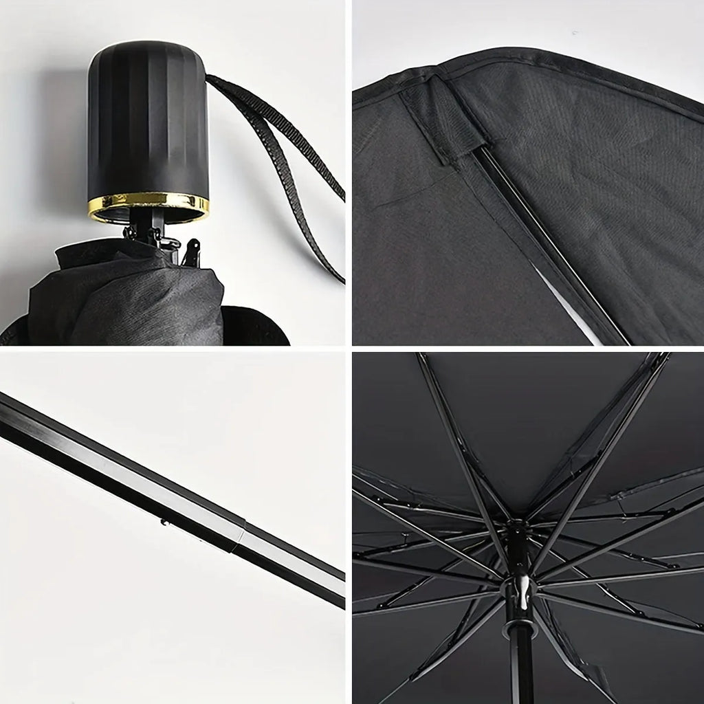 Foldable car windscreen sunshade umbrella open on a vehicle windscreen