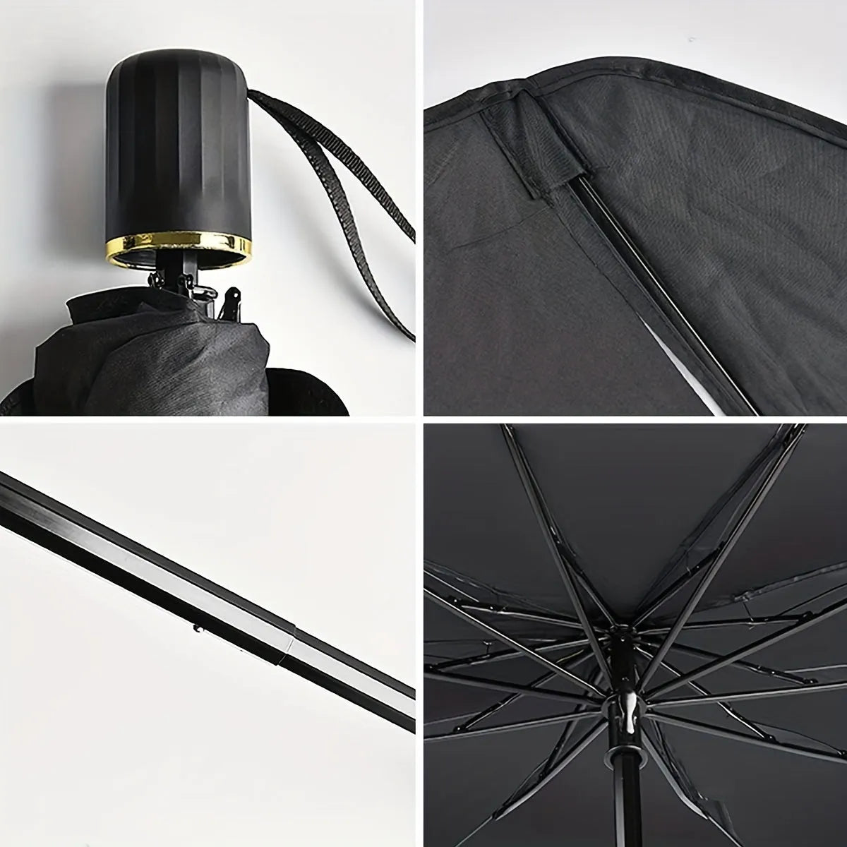 Foldable car windscreen sunshade umbrella open on a vehicle windscreen