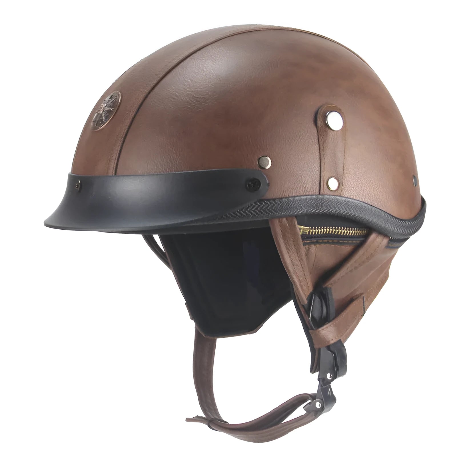 Retro motorcycle helmet with half pedal design in black artificial leather