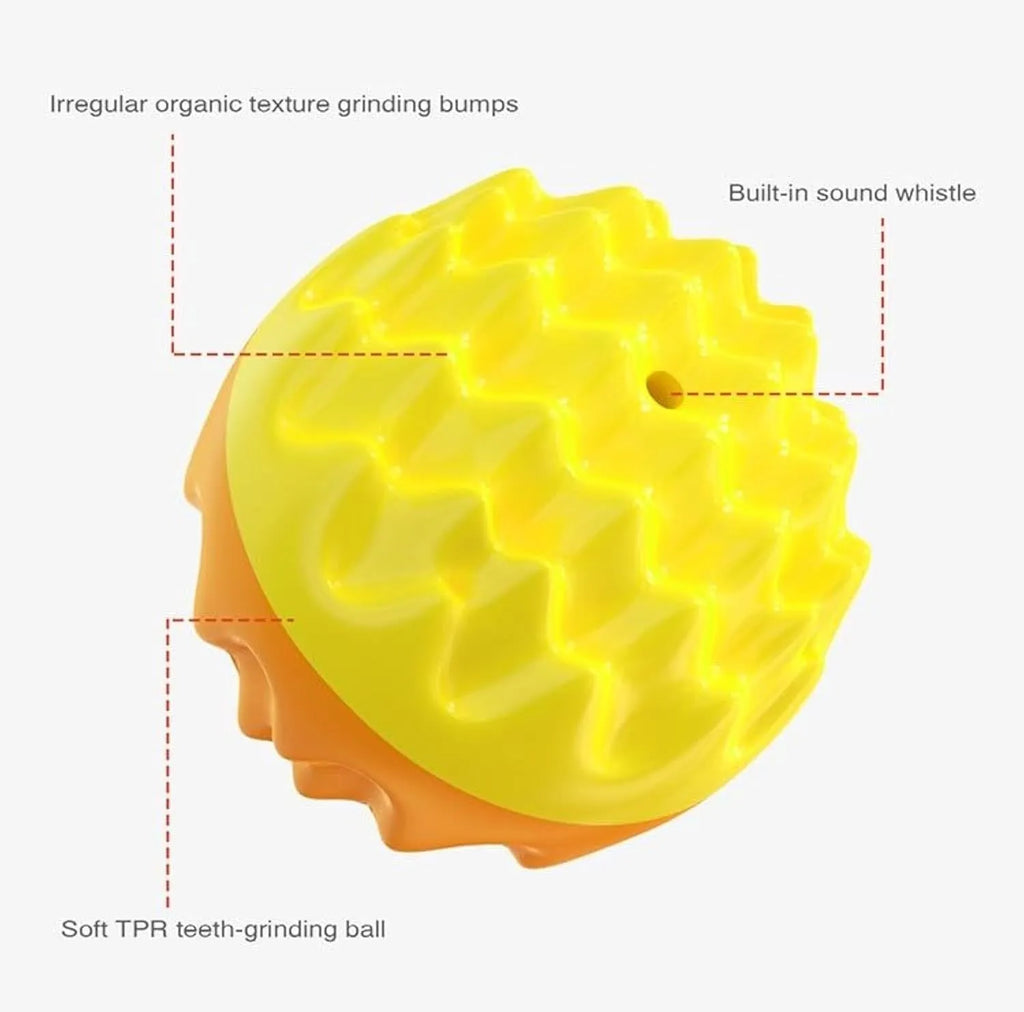 Blue and orange squeaky rubber dog ball with spiky texture for teeth cleaning.
