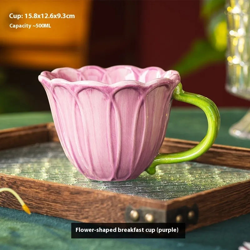 Ceramic breakfast cup with floral pattern, 500ml capacity, in red, purple, or mixed set colours.