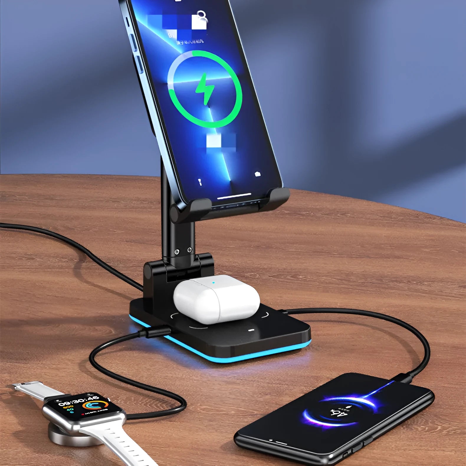 Black and white desktop phone stand with wireless charging on a wooden desk.