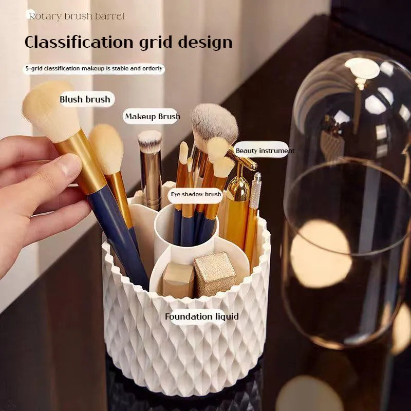 White transparent rotating makeup brush storage box with lid and split compartments