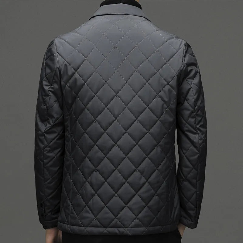 Men's black lapel down jacket with side pockets shown on model, winter cardigan coat