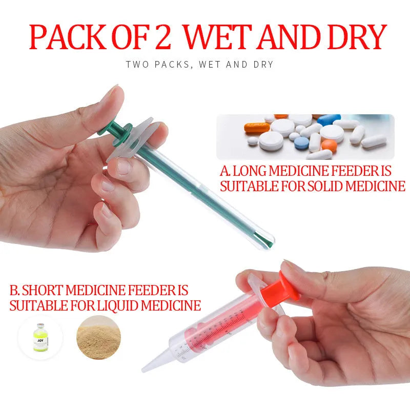Two pet pill shooters with soft silicone tips for administering tablets to cats and dogs