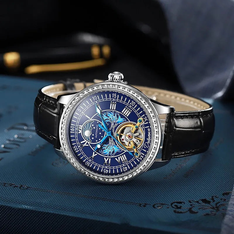 Men's stainless steel waterproof mechanical watch with round dial and butterfly clasp on a rose gold strap