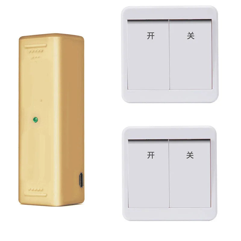White and gold wireless voice control light switch remote kits with USB charging port on main unit.