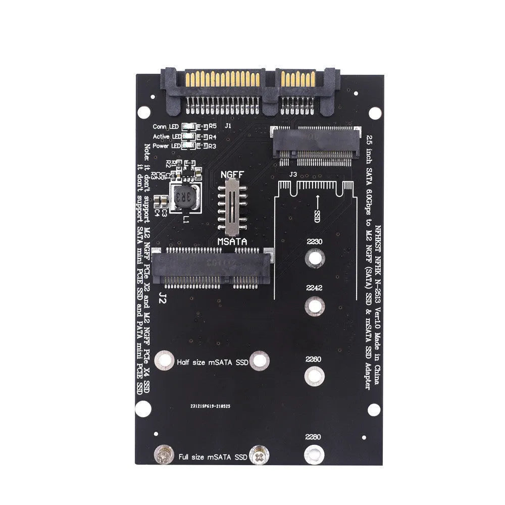 Black and blue SATA3 to M.2 NGFF mSATA SSD adapter conversion card on a static bag.