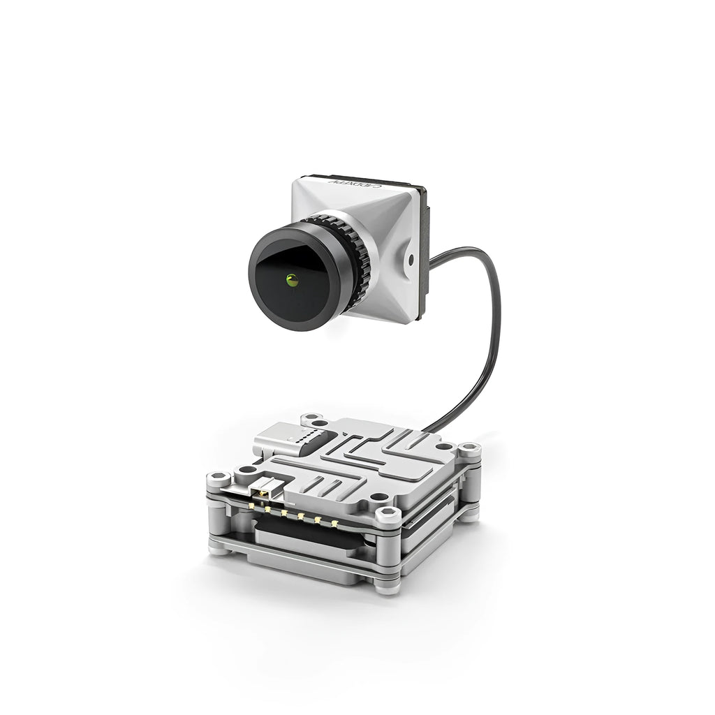 Silver Caddx ADAPTS DJI FPV digital image transmission unit with mounting screws and cables.