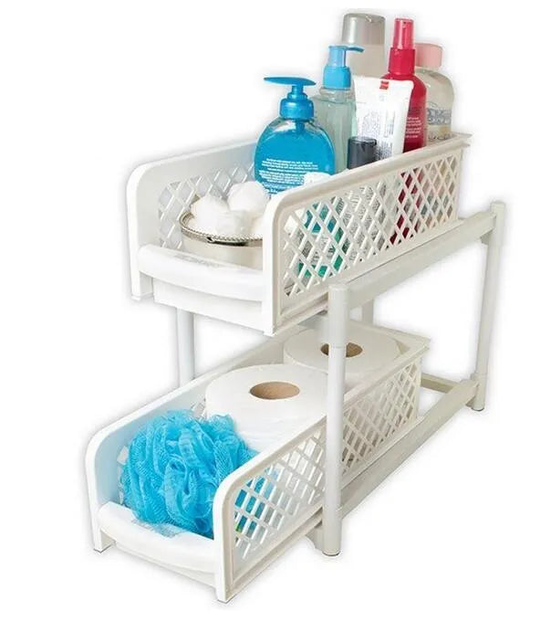 White two-tier plastic storage rack, 41.5 x 19.3 x 9.3 cm, for desktop use in bathroom or kitchen.