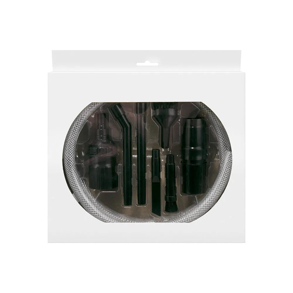 Eight-piece vacuum cleaner accessory set with various nozzles and brushes for small space cleaning.