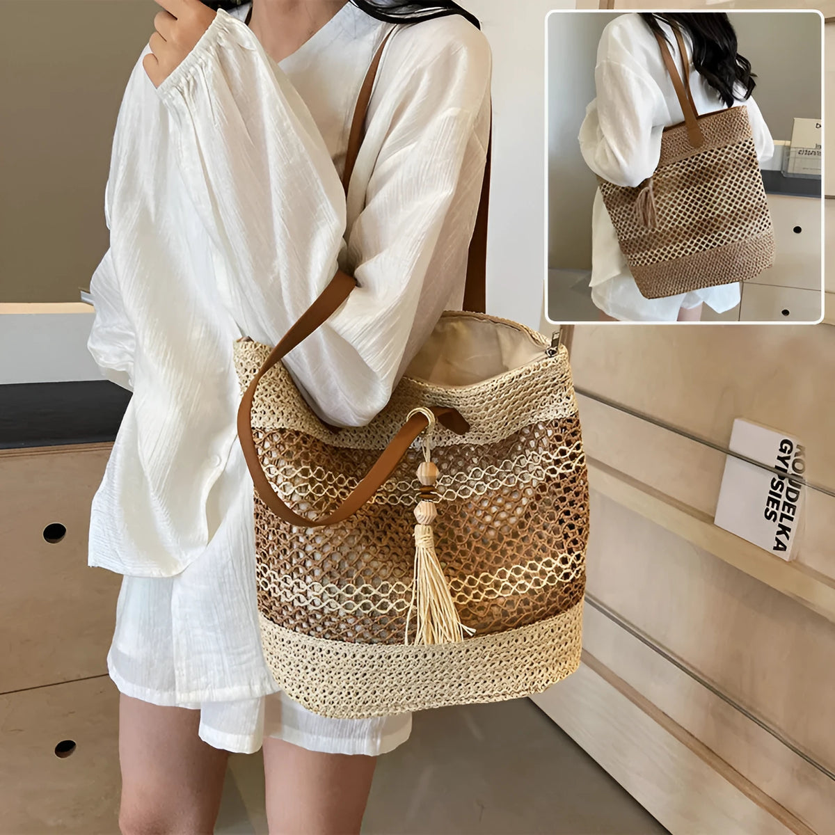 Straw shoulder bag with tassel pendant, horizontal square shape, double straps, Brown or Milky White