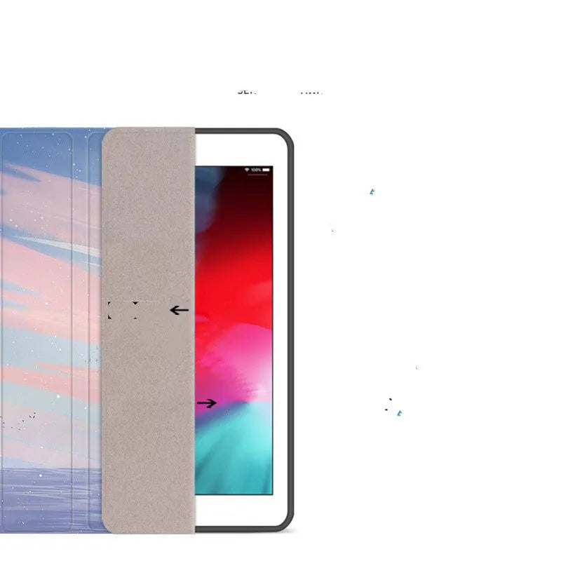 Silicone book-style iPad cover with dreamy painting style sailing motif, fits many iPad models