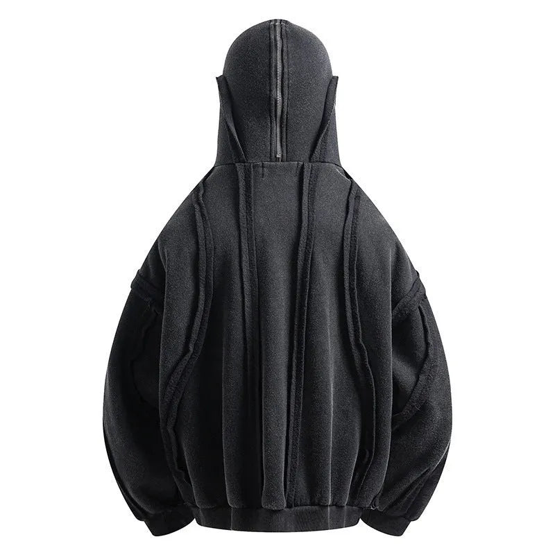 Black loose-fit zip hooded coat with an abstract pattern and padding.