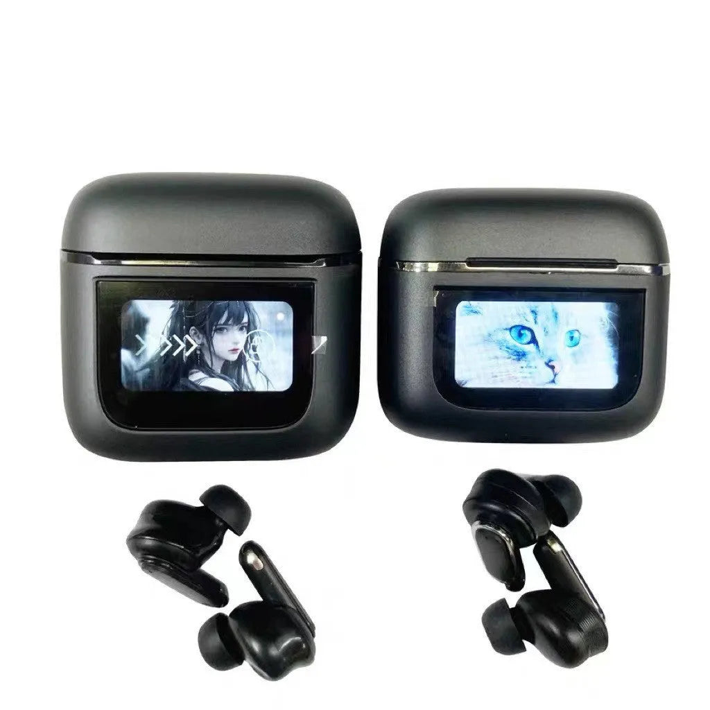 Black in-ear Bluetooth headset with touch screen interface and active noise cancellation