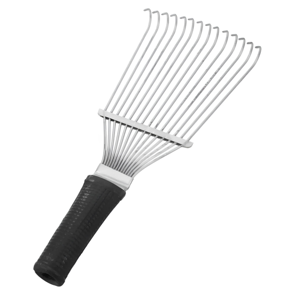 Black stainless steel animal grooming rake comb with curved teeth for horses and dogs.