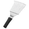 Black stainless steel animal grooming rake comb with curved teeth for horses and dogs.
