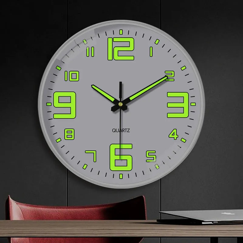 8 inch luminous wall clock with modern plastic shell on a wall