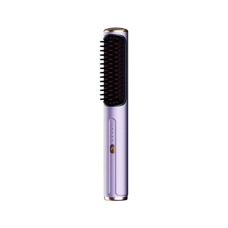 Wireless straightening and curling comb in rose gold colour with multiple international power plug adaptors.