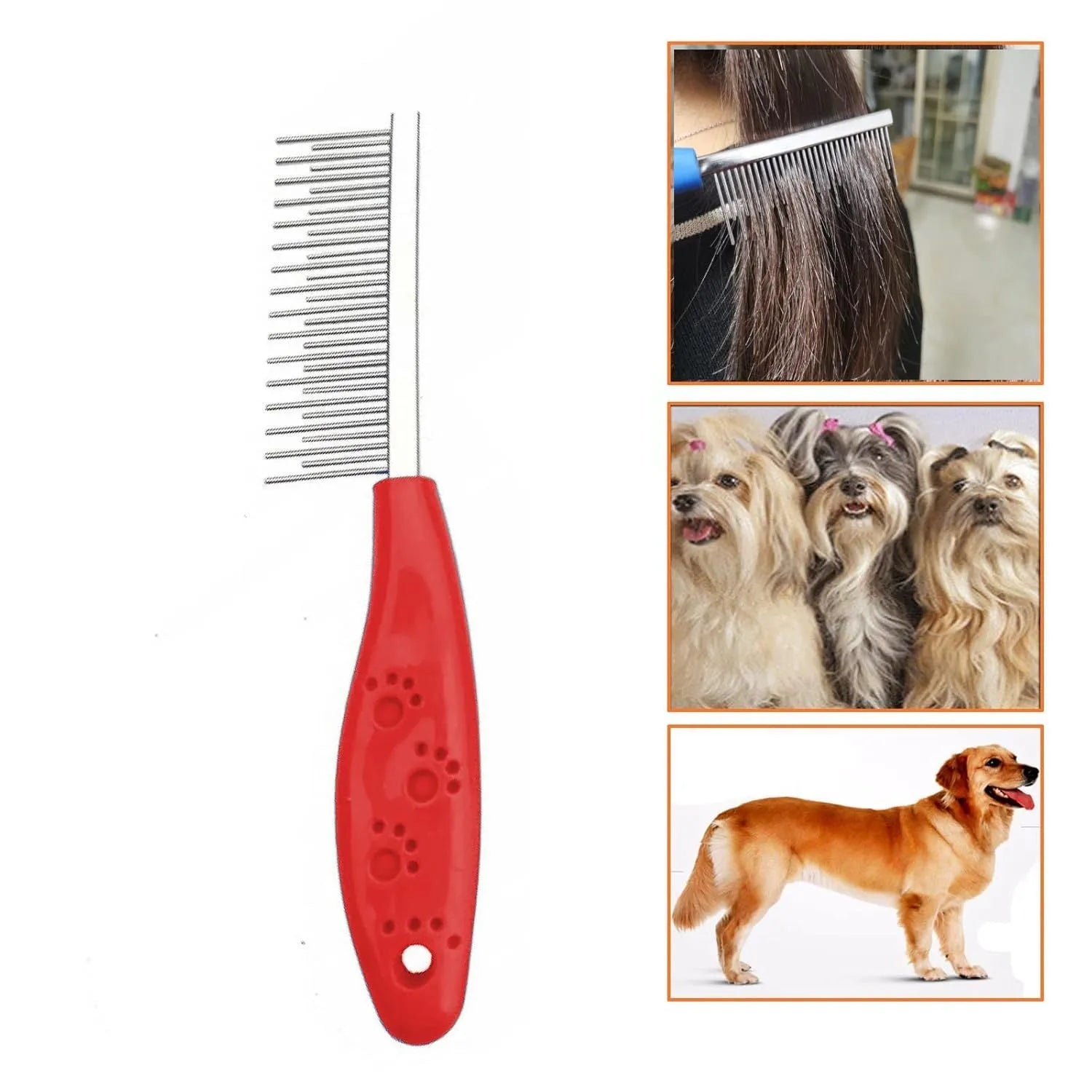 Red pet grooming comb with stainless steel short and long teeth for dematting tangles on dogs and cats