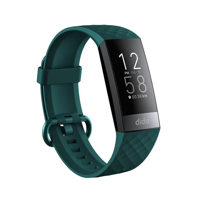 Black smart health bracelet with 1.1-inch screen displaying ECG graph, blood pressure, and heart rate readings on wrist.