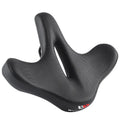Black leather bicycle saddle cushion with thick foam padding for mountain bikes.